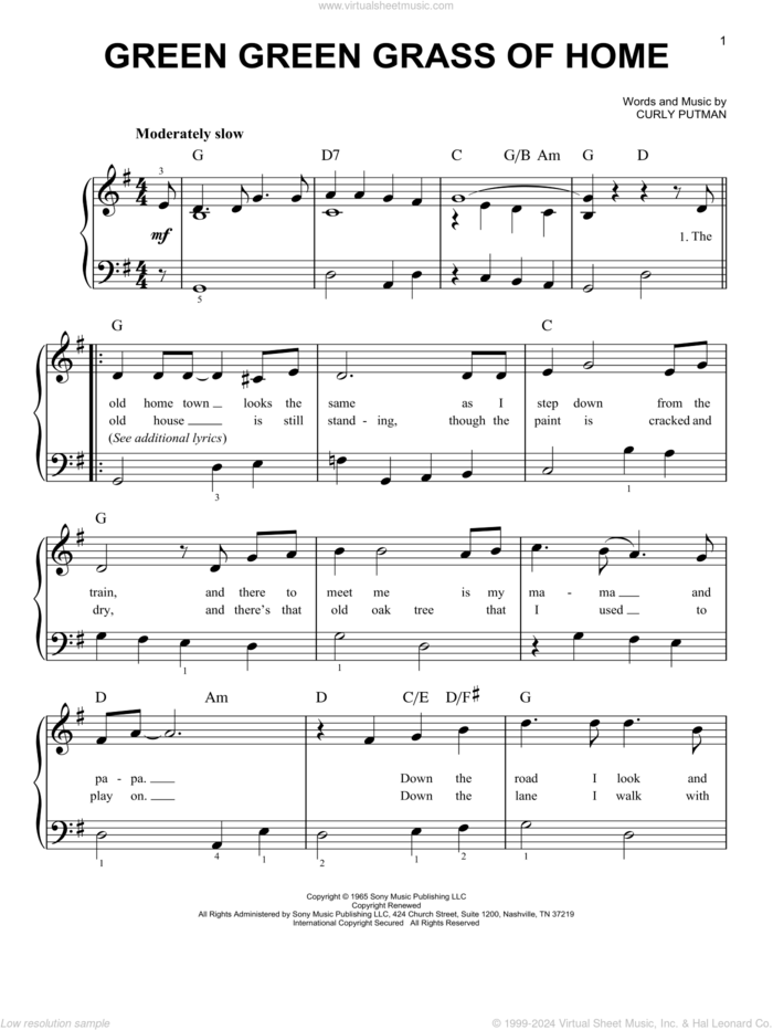 Green Green Grass Of Home, (beginner) sheet music for piano solo by Porter Wagoner, Elvis Presley, Tom Jones and Curly Putman, beginner skill level