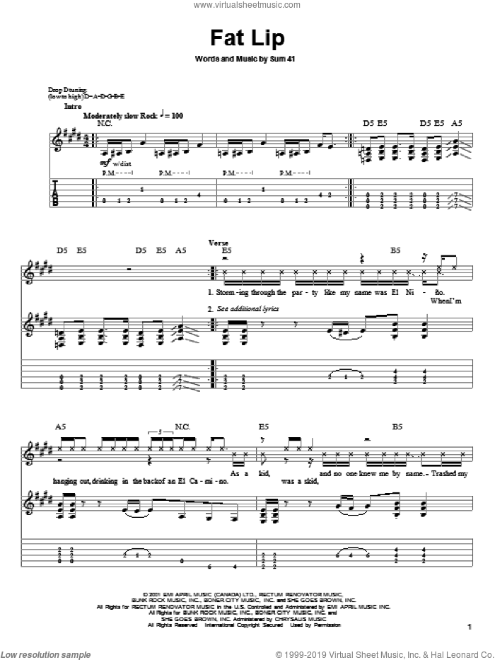 Fat Lip sheet music for guitar (tablature, play-along) by Sum 41, intermediate skill level
