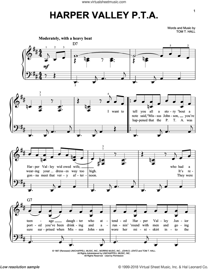 Harper Valley P.T.A. sheet music for piano solo by Jeannie C. Riley and Tom T. Hall, easy skill level