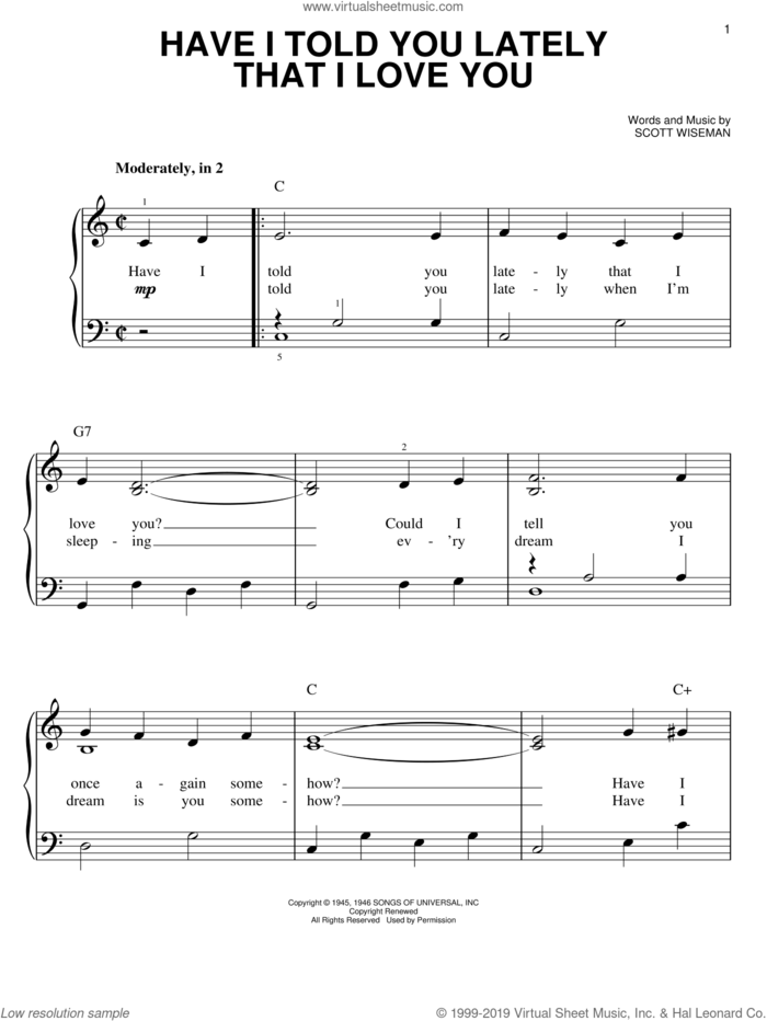 Have I Told You Lately That I Love You sheet music for piano solo by Gene Autry and Scott Wiseman, easy skill level
