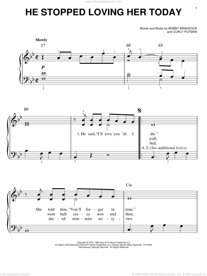 He Stopped Loving Her Today, (beginner) sheet music for piano solo by George Jones, Johnny Cash, Johnny Paycheck, Bobby Braddock and Curly Putman, beginner skill level