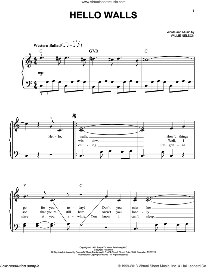 Hello Walls sheet music for piano solo by Faron Young and Willie Nelson, easy skill level