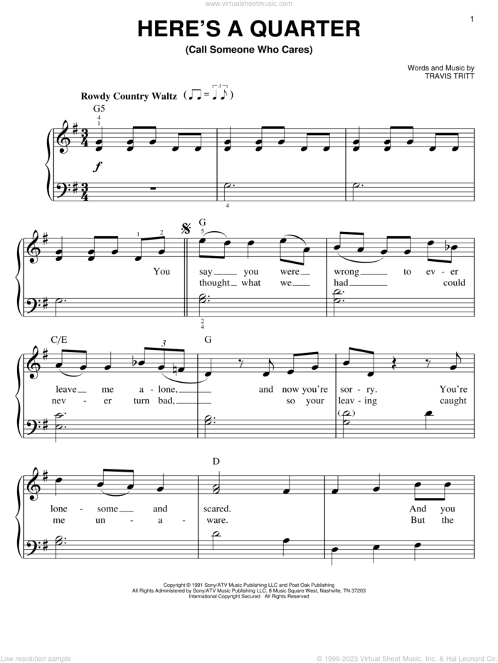Here's A Quarter (Call Someone Who Cares) sheet music for piano solo by Travis Tritt, easy skill level