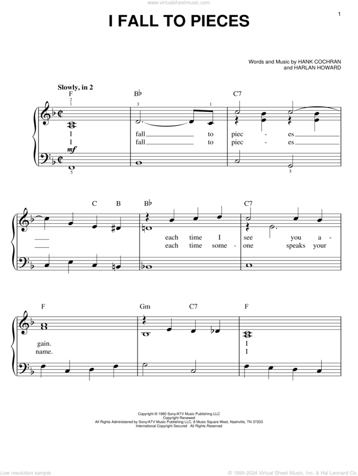 I Fall To Pieces sheet music for piano solo by Patsy Cline, Hank Cochran and Harlan Howard, beginner skill level