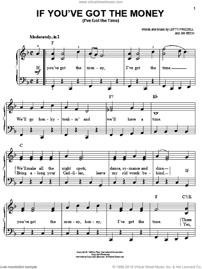 If You've Got The Money (I've Got The Time) sheet music for piano solo by Lefty Frizzell, Willie Nelson and Jim Beck, easy skill level
