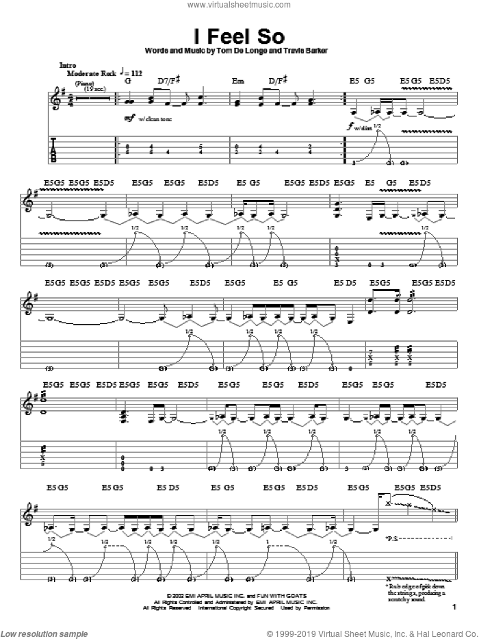 I Feel So sheet music for guitar (tablature, play-along) by Box Car Racer, Tom DeLonge and Travis Barker, intermediate skill level