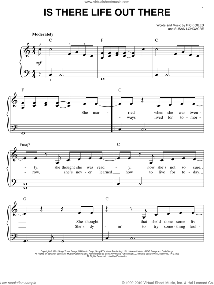 Is There Life Out There sheet music for piano solo by Reba McEntire, Rick Giles and Susan Longacre, easy skill level