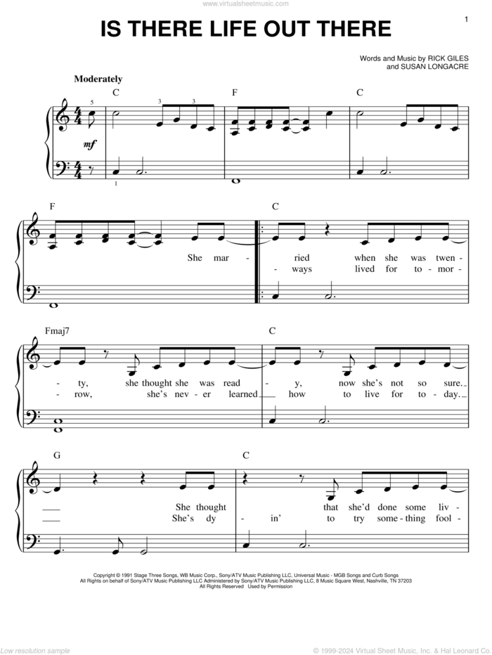 Is There Life Out There sheet music for piano solo by Reba McEntire, Rick Giles and Susan Longacre, easy skill level