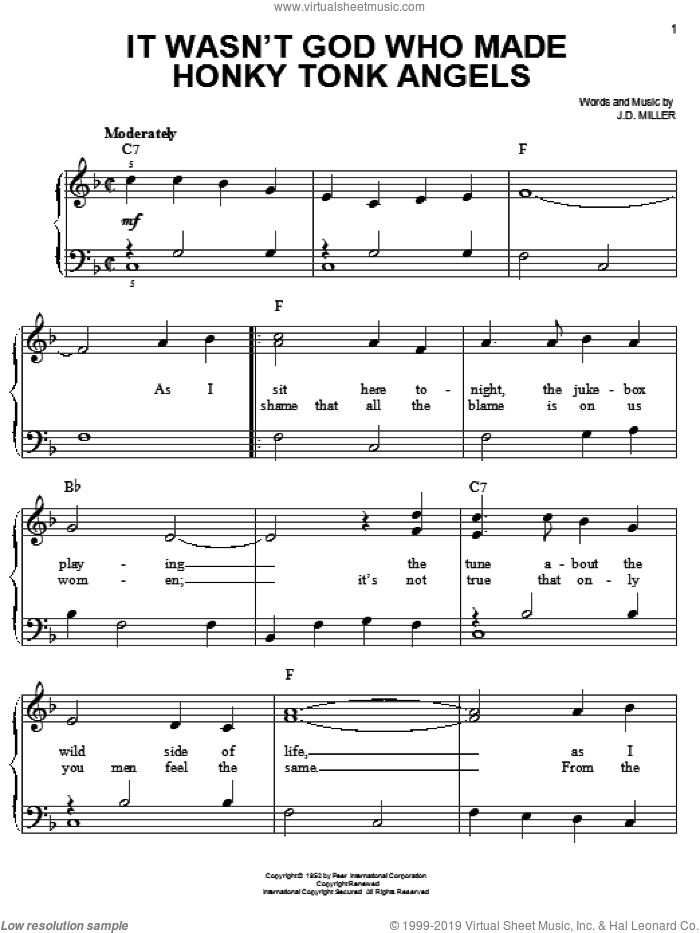 It Wasn't God Who Made Honky Tonk Angels sheet music for piano solo by Kitty Wells, Dolly Parton and J.D. Miller, easy skill level