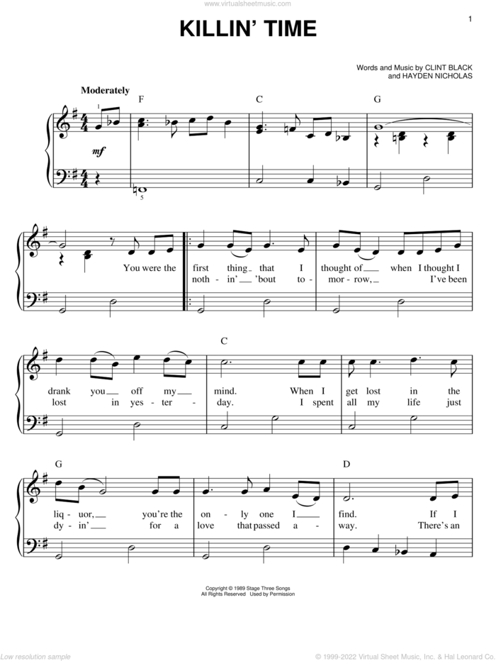 Killin' Time sheet music for piano solo by Clint Black and James Hayden Nicholas, easy skill level