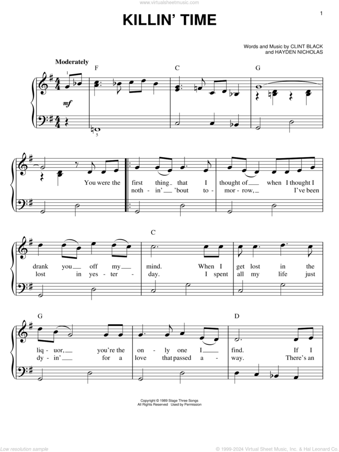 Killin' Time sheet music for piano solo by Clint Black and James Hayden Nicholas, easy skill level