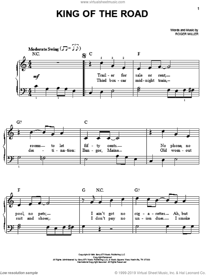King Of The Road, (beginner) sheet music for piano solo by Roger Miller and Randy Travis, beginner skill level