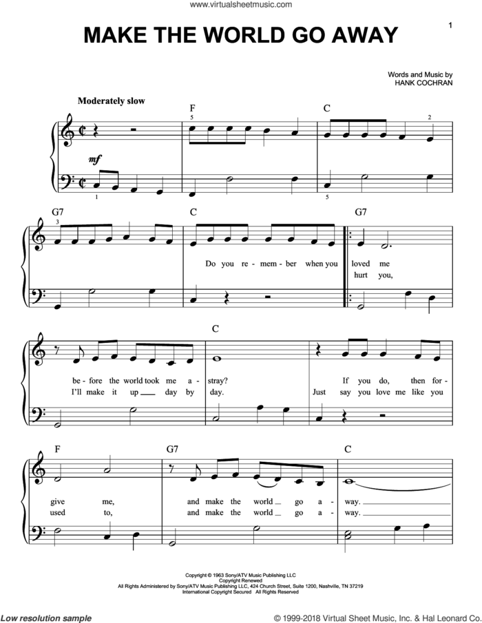 Make The World Go Away, (beginner) sheet music for piano solo by Eddy Arnold, Elvis Presley, Ray Price and Hank Cochran, beginner skill level