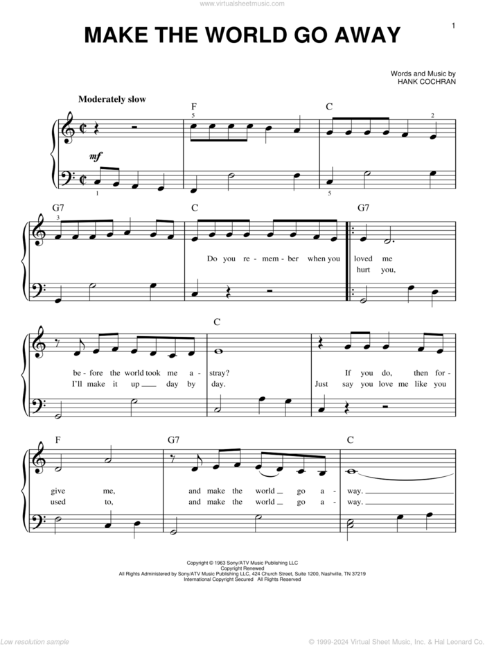 Make The World Go Away, (beginner) sheet music for piano solo by Eddy Arnold, Elvis Presley, Ray Price and Hank Cochran, beginner skill level