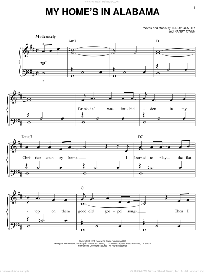 My Home's In Alabama sheet music for piano solo by Alabama, Randy Owen and Teddy Gentry, easy skill level