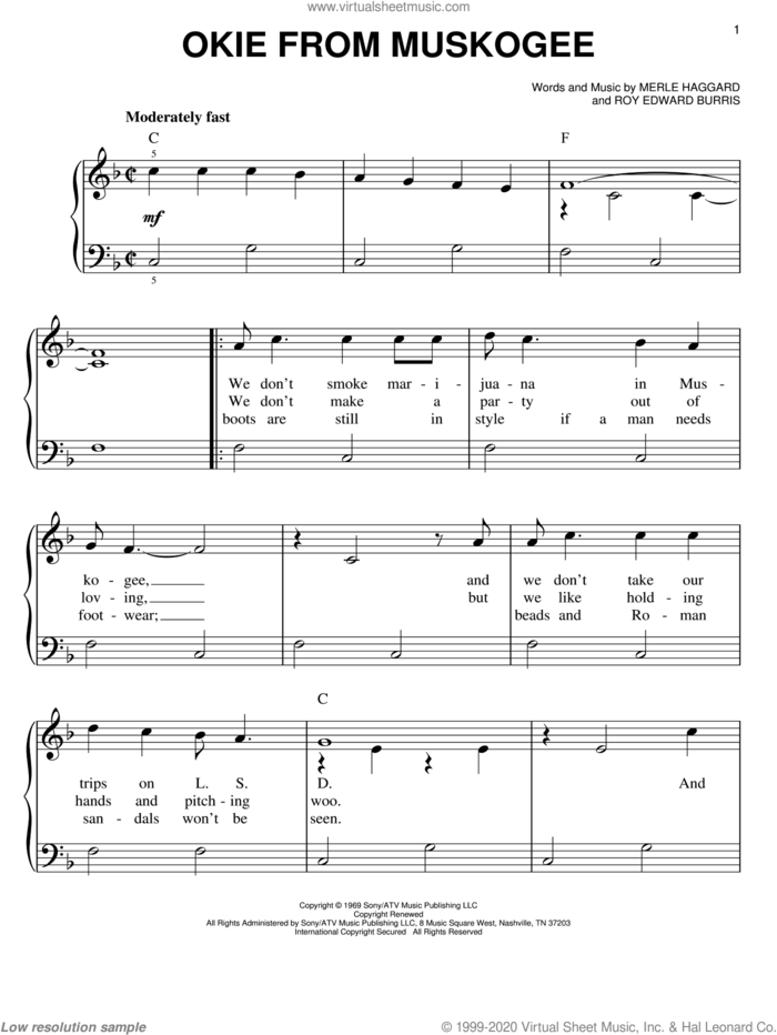 Okie From Muskogee sheet music for piano solo by Merle Haggard and Roy Edward Burris, easy skill level