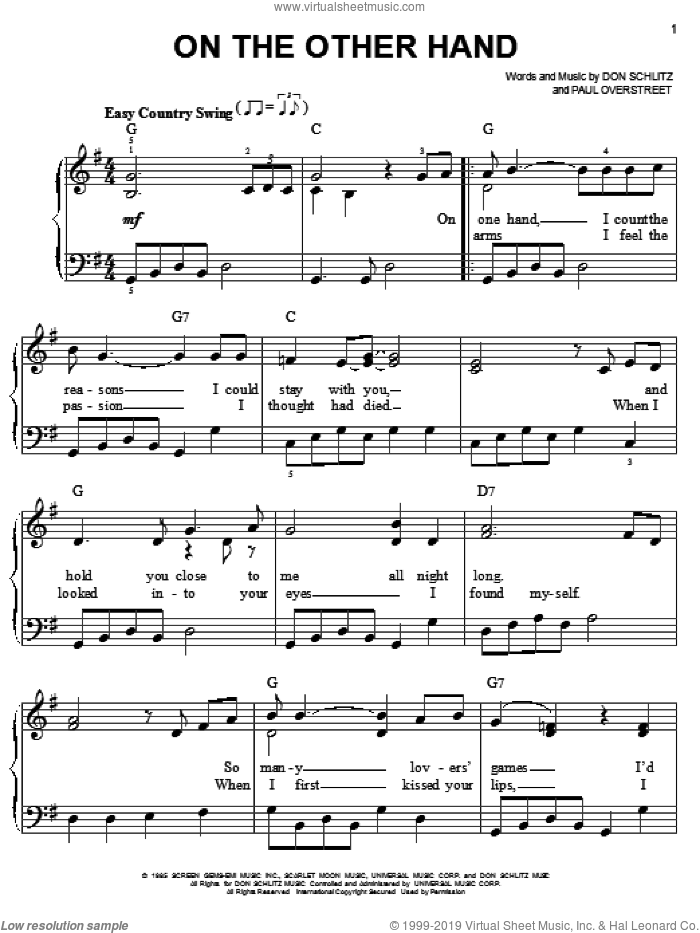 On The Other Hand sheet music for piano solo by Randy Travis, Don Schlitz and Paul Overstreet, easy skill level