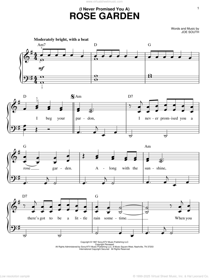 (I Never Promised You A) Rose Garden sheet music for piano solo by Lynn Anderson, Martina McBride and Joe South, easy skill level
