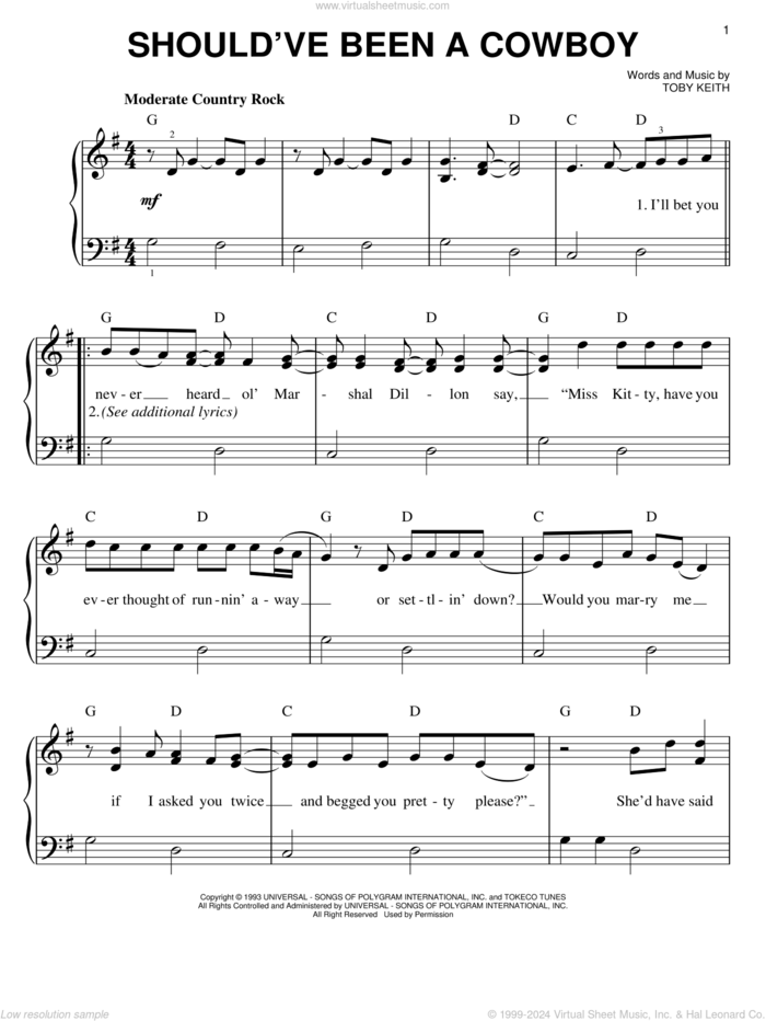 Should've Been A Cowboy sheet music for piano solo by Toby Keith, easy skill level