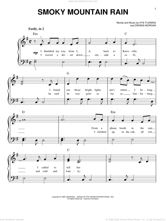 Smoky Mountain Rain sheet music for piano solo by Ronnie Milsap, Dennis Morgan and Kye Fleming, beginner skill level