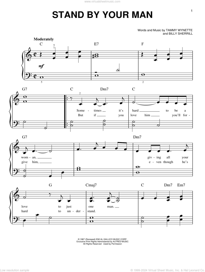 Stand By Your Man sheet music for piano solo by Tammy Wynette and Billy Sherrill, beginner skill level