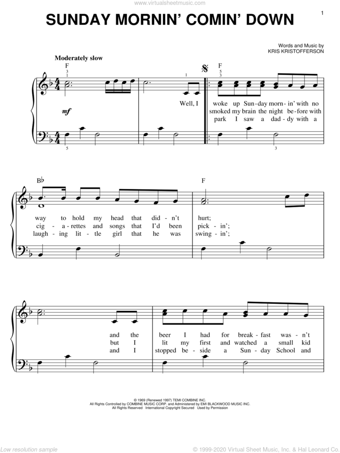 Sunday Mornin' Comin' Down sheet music for piano solo by Kris Kristofferson and Johnny Cash, easy skill level