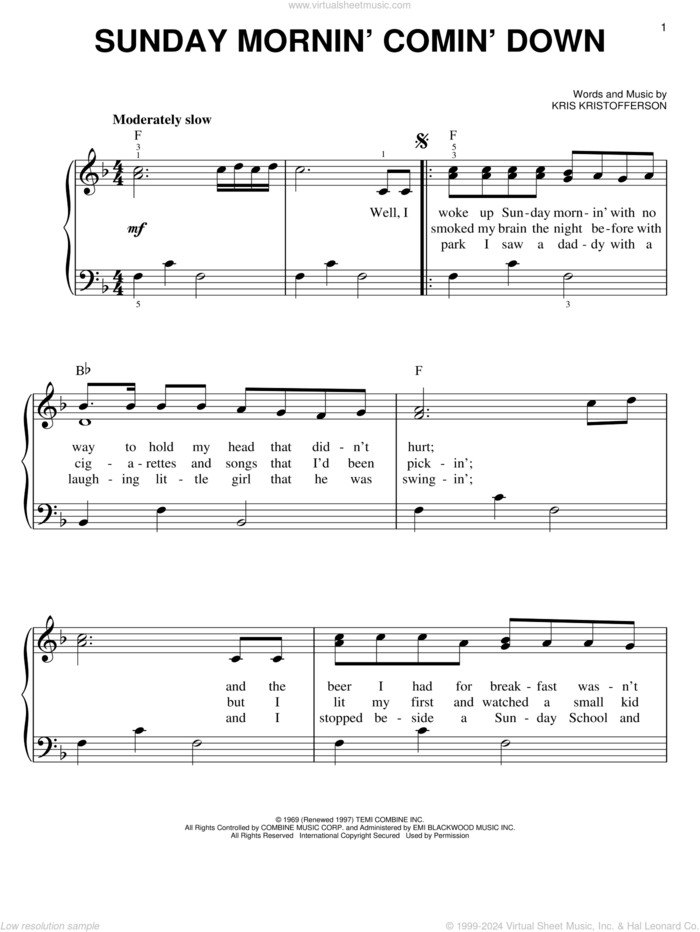 Sunday Mornin' Comin' Down sheet music for piano solo by Kris Kristofferson and Johnny Cash, easy skill level