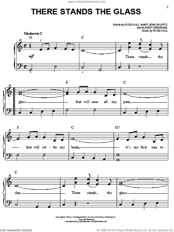 There Stands The Glass sheet music for piano solo by Webb Pierce, Audrey Greisham, Mary Jean Shurtz and Russ Hull, easy skill level
