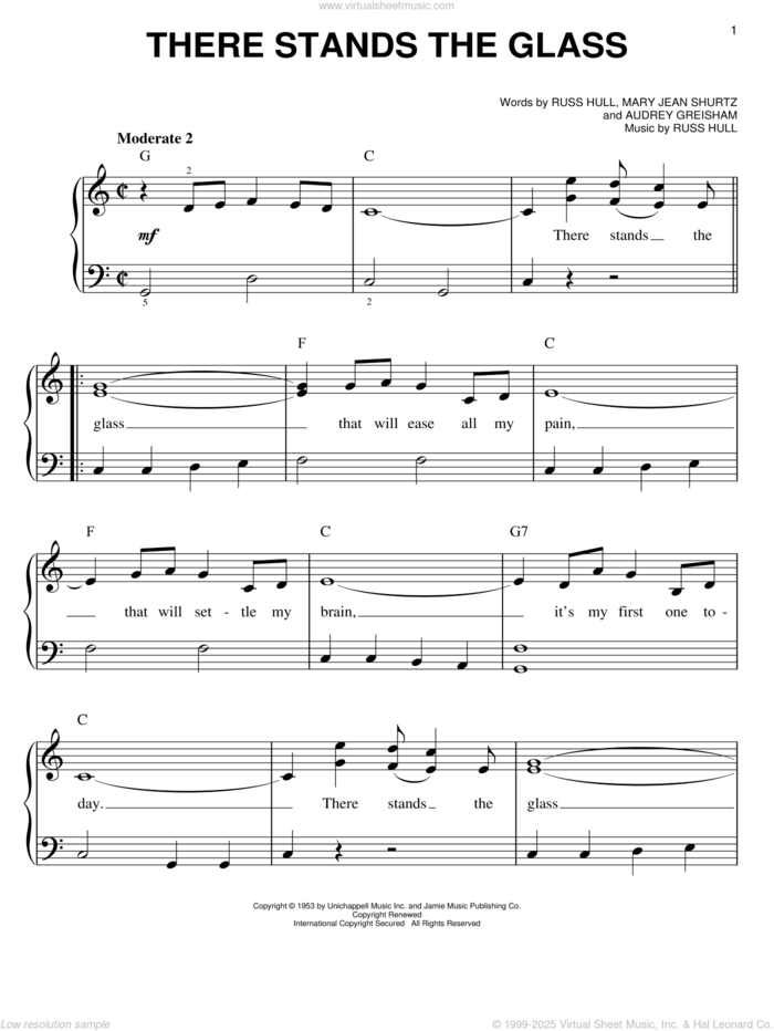 There Stands The Glass sheet music for piano solo by Webb Pierce, Audrey Greisham, Mary Jean Shurtz and Russ Hull, easy skill level