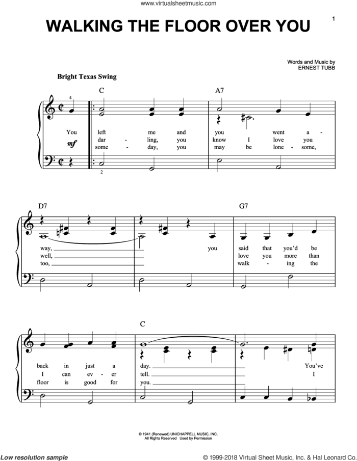 Walking The Floor Over You, (beginner) sheet music for piano solo by Ernest Tubb, beginner skill level