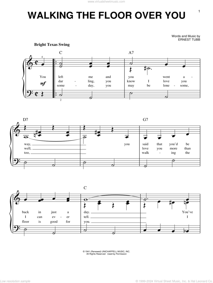 Walking The Floor Over You, (beginner) sheet music for piano solo by Ernest Tubb, beginner skill level