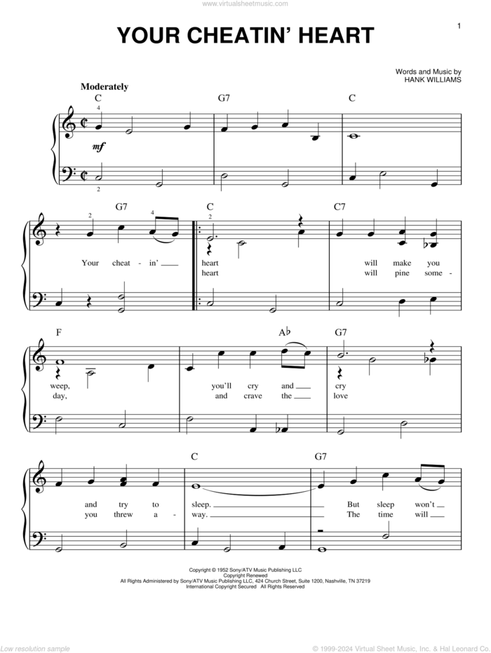 Your Cheatin' Heart sheet music for piano solo by Hank Williams and Patsy Cline, beginner skill level