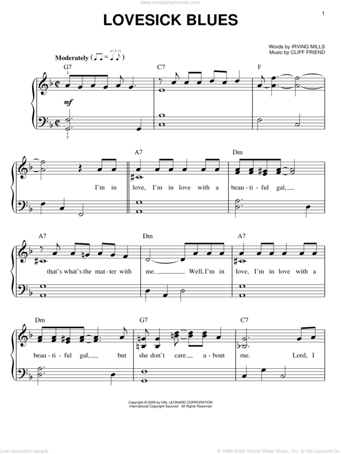 Lovesick Blues sheet music for piano solo by Hank Williams, Patsy Cline, Cliff Friend and Irving Mills, easy skill level