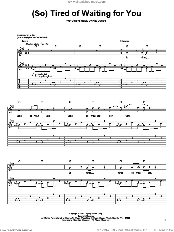 (So) Tired Of Waiting For You sheet music for guitar (tablature, play-along) by Green Day, The Kinks and Ray Davies, intermediate skill level