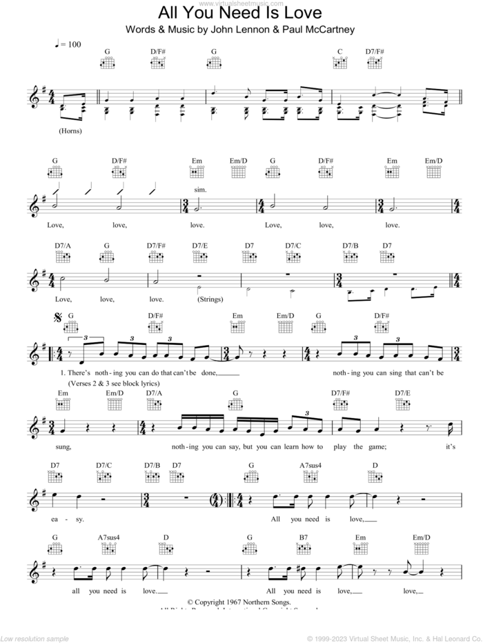 All You Need Is Love sheet music for voice and other instruments (fake book) by The Beatles, John Lennon and Paul McCartney, wedding score, intermediate skill level
