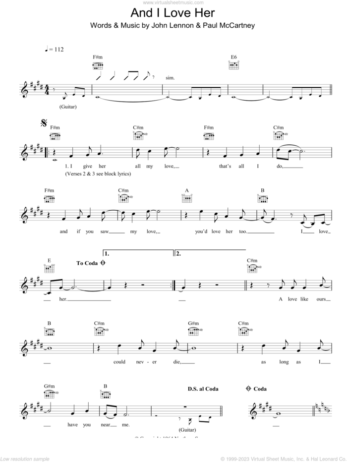 And I Love Her sheet music for voice and other instruments (fake book) by The Beatles, John Lennon and Paul McCartney, intermediate skill level
