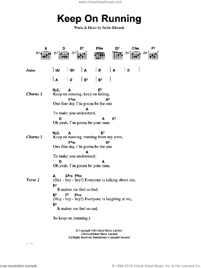 Keep On Running sheet music for guitar (chords) by The Spencer Davis Group and Jackie Edwards, intermediate skill level
