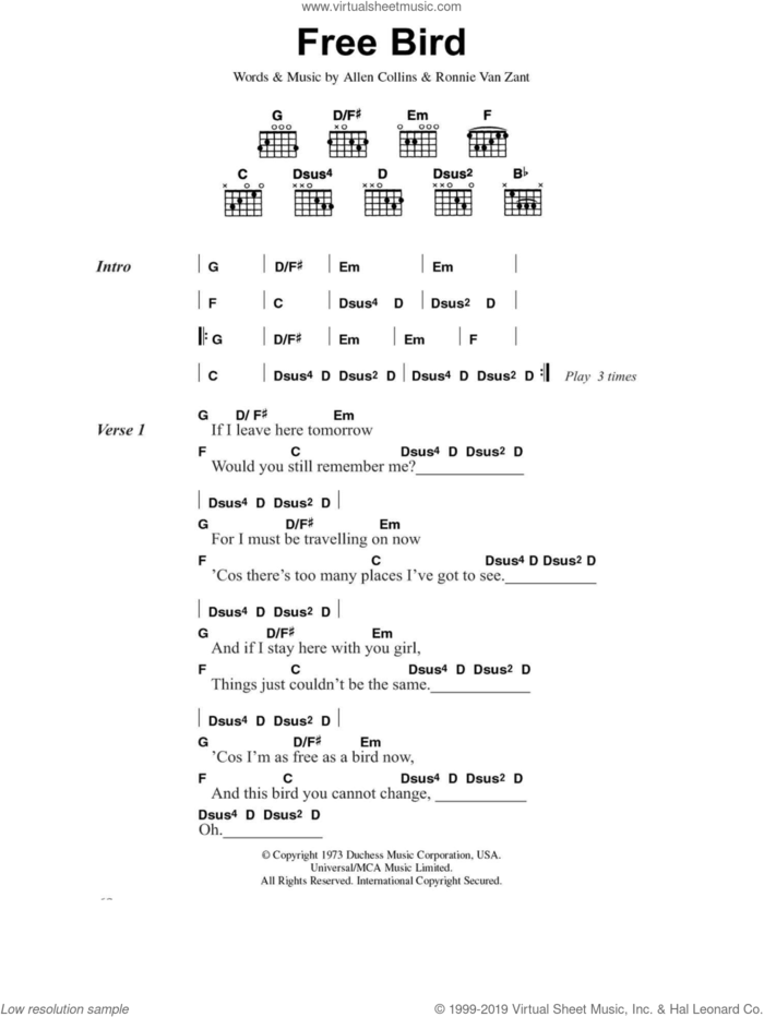 Free Bird sheet music for guitar (chords) by Lynyrd Skynyrd, Allen Collins and Ronnie Van Zant, intermediate skill level
