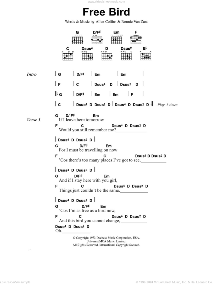 Free Bird sheet music for guitar (chords) by Lynyrd Skynyrd, Allen Collins and Ronnie Van Zant, intermediate skill level