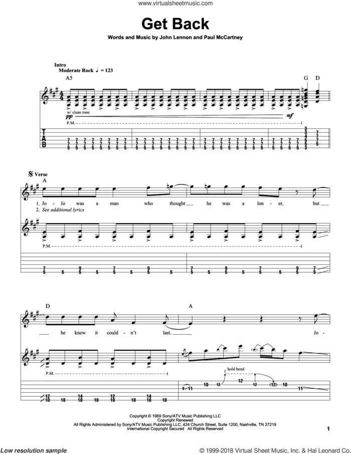 Get Back sheet music for guitar (tablature, play-along) by The Beatles, John Lennon and Paul McCartney, intermediate skill level