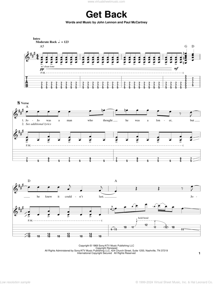 Get Back sheet music for guitar (tablature, play-along) by The Beatles, John Lennon and Paul McCartney, intermediate skill level