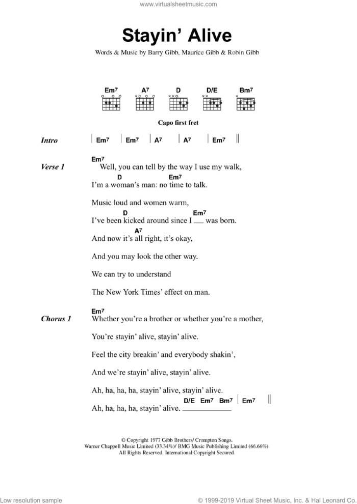 Stayin' Alive sheet music for guitar (chords) by Bee Gees, Barry Gibb, Maurice Gibb and Robin Gibb, intermediate skill level