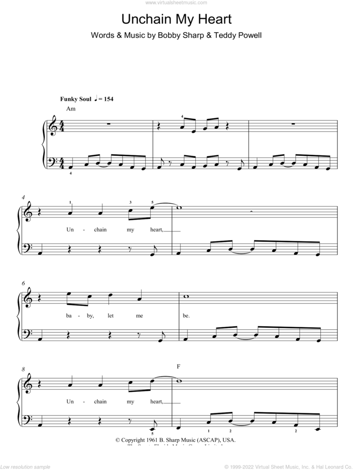 Unchain My Heart sheet music for piano solo by Ray Charles, Bobby Sharp and Teddy Powell, easy skill level