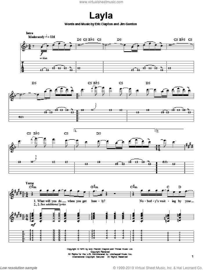 Layla sheet music for guitar (tablature, play-along) by Eric Clapton, Derek And The Dominos and Jim Gordon, intermediate skill level