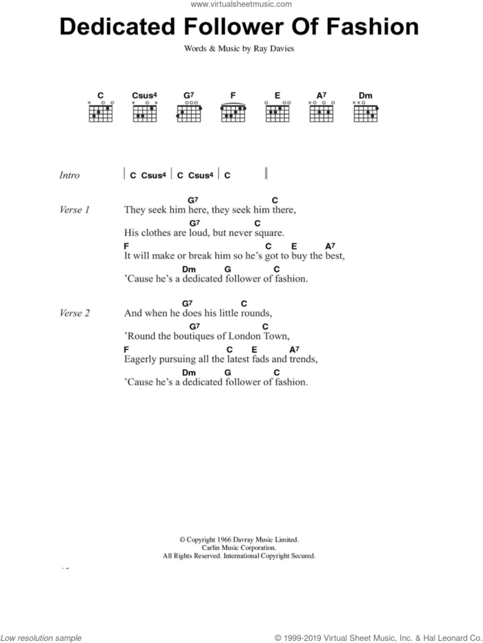 Dedicated Follower Of Fashion sheet music for guitar (chords) by Ray Davies, intermediate skill level