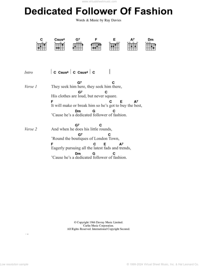 Dedicated Follower Of Fashion sheet music for guitar (chords) by Ray Davies, intermediate skill level