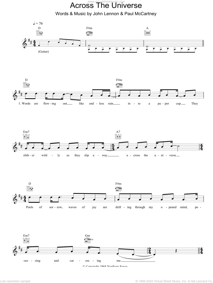 Across The Universe sheet music for voice and other instruments (fake book) by The Beatles, John Lennon and Paul McCartney, intermediate skill level