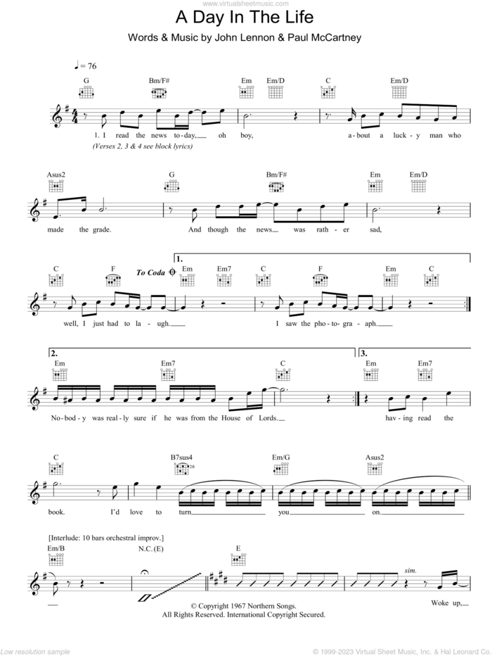 A Day In The Life sheet music for voice and other instruments (fake book) by The Beatles, John Lennon and Paul McCartney, intermediate skill level