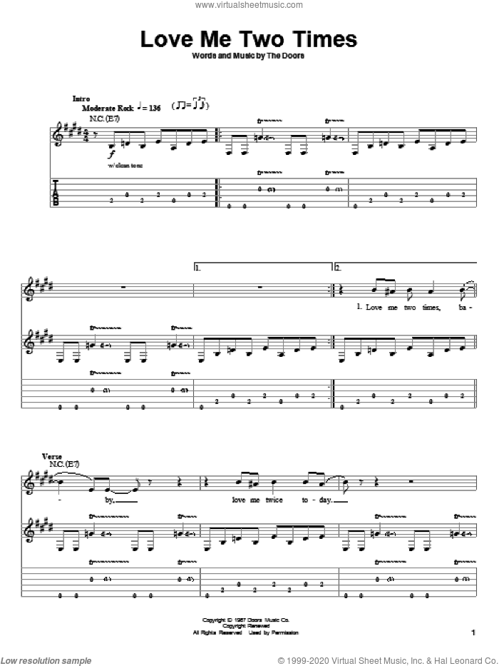 Love Me Two Times sheet music for guitar (tablature, play-along) by The Doors, intermediate skill level