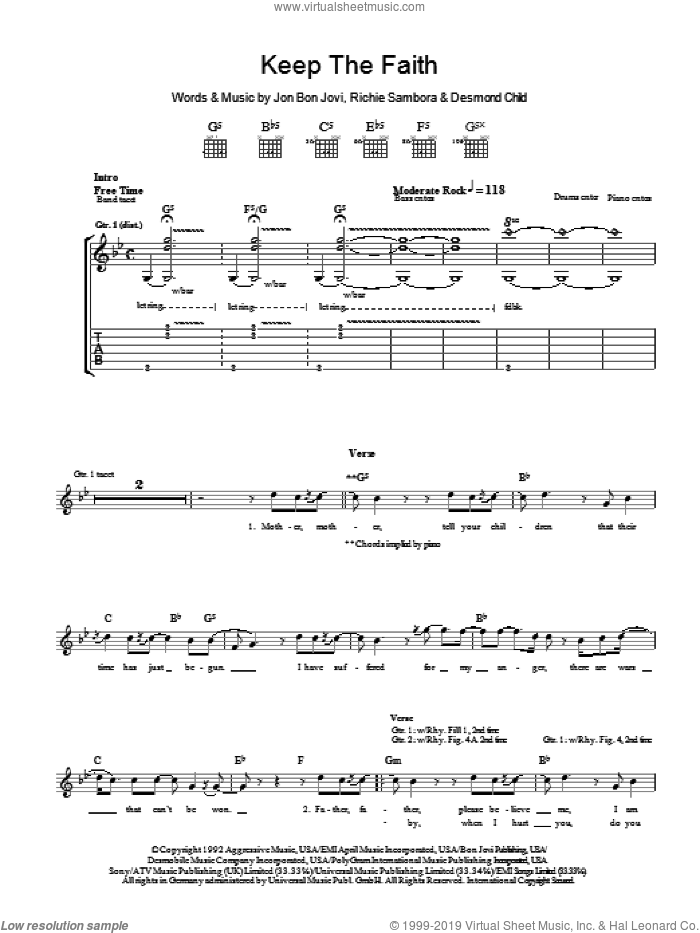 Keep The Faith sheet music for guitar (tablature) by Bon Jovi, Desmond Child and Richie Sambora, intermediate skill level